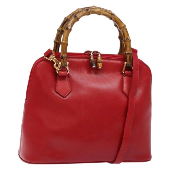 GUCCI Bamboo Hand Bag Leather 2way Red Gold Auth gh613 - Picture 2 of 16
